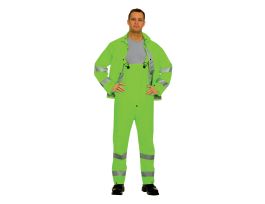 RIPTIDE™.35 MM PVC/POLYESTER, HI-VIS LIME, 3-PIECE RAIN SUIT, SILVER REFLECTIVE STRIPES, STORM FLY FRONT WITH ZIPPER/SNAP BUTTONS, BIB PANTS WITH SUSPENDERS, DETACHABLE HOOD