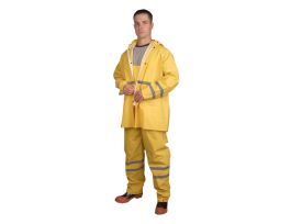 RIPTIDE™.35 MM PVC/POLYESTER, YELLOW, 3-PIECE RAIN SUIT, SILVER REFLECTIVE STRIPES, STORM FLY FRONT WITH ZIPPER/SNAP BUTTONS, BIB PANTS WITH SUSPENDERS, DETACHABLE HOOD