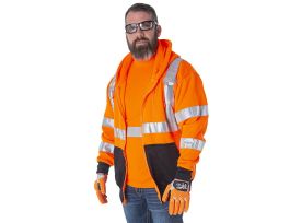 COR-BRITE® TYPE R, CLASS III ORANGE HOODED SWEATSHIRT, 300 GRAM POLYESTER FLEECE, ZIPPER CLOSURE, LINED HOOD, BLACK POUCH POCKET, FRONT PANEL AND FOREARMS