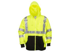 COR-BRITE® TYPE R, CLASS III LIME HOODED SWEATSHIRT, 300 GRAM POLYESTER FLEECE, ZIPPER CLOSURE, LINED HOOD, BLACK POUCH POCKET, FRONT PANEL AND FOREARMS