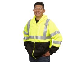 COR-BRITE® TYPE R, CLASS III LIME HOODED SWEATSHIRT, 300 GRAM POLYESTER FLEECE, ZIPPER CLOSURE, LINED HOOD, BLACK POUCH POCKET, FRONT PANEL AND FOREARMS, HEAT APPLIED REFLECTIVE TAPE