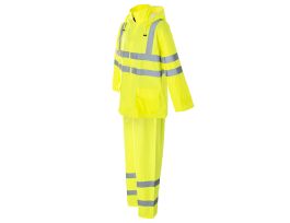 TYPE R, CLASS III, TWO-PIECE RAIN SUIT, JACKET WITH ATTACHED HOOD & DRAWSTRING, ELASTIC WAIST PANTS, PU COATED POLYESTER FABRIC