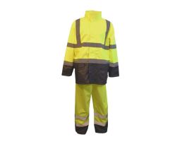 TYPE R, CLASS III, TWO-PIECE RAIN SUIT, JACKET WITH ATTACHED HOOD & DRAWSTRING, ELASTIC WAIST PANTS, WATER-PROOF PU COATED POLYESTER FABRIC. BLACK BOTTOM JACKET AND PANTS