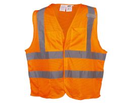 COR-BRITE®, TYPE R, CLASS II, LIMITED FR ORANGE MESH VEST, HOOK & LOOP CLOSURE, 2-INCH SILVER REFLECTIVE TAPE, ONE INSIDE LOWER POCKET & ONE OUTSIDE CHEST POCKET, OUTSIDE 3-DIVISION PEN POCKET, MIC TAB