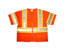COR-BRITE® TYPE R, CLASS III, ORANGE MESH VEST, ZIPPER CLOSURE, TWO-TONE CONTRASTING TRIM/REFLECTIVE TAPE, POCKETS: TWO INSIDE LOWER, TWO OUTSIDE CHEST, TWO OUTSIDE LOWER