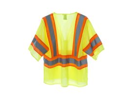 COR-BRITE® TYPE R, CLASS III, LIME MESH VEST, ZIPPER CLOSURE, TWO-TONE CONTRASTING TRIM/REFLECTIVE TAPE, POCKETS: TWO INSIDE LOWER, TWO OUTSIDE CHEST, TWO OUTSIDE LOWER