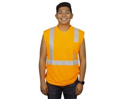COR-BRITE® TYPE R, CLASS II, ORANGE BIRDSEYE MESH T-SHIRT, SLEEVELESS, CHEST POCKET, 2-INCH SILVER REFLECTIVE TAPE
