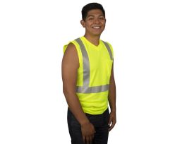 COR-BRITE® TYPE R, CLASS II, LIME BIRDSEYE MESH T-SHIRT, SLEEVELESS, CHEST POCKET, 2-INCH SILVER REFLECTIVE TAPE