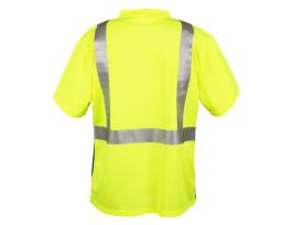 COR-BRITE® TYPE R, CLASS II, LIME BIRDSEYE MESH T-SHIRT, SHORT SLEEVES, CHEST POCKET, 2-INCH SILVER REFLECTIVE TAPE, BLACK FRONT PANEL