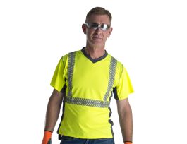 COR-BRITE® TYPE R, CLASS II, LIME COMFORT STRETCH T-SHIRT, SHORT SLEEVES, GRAY SIDE PANELS & V-NECK, 2-INCH SILVER SEGMENTED REFLECTIVE TAPE