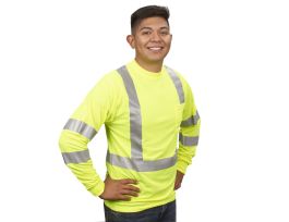 COR-BRITE® TYPE R, CLASS III, LIME BIRDSEYE MESH T-SHIRT, LONG SLEEVES, CHEST POCKET, 2-INCH SILVER REFLECTIVE TAPE