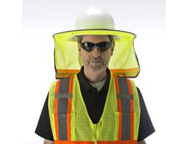 HI-VIS LIME FOLDABLE HELMET BRIM WITH LIME MESH NECK SHADE, TWO-TONE REFLECTIVE TAPE, ATTACHED STORAGE POUCH