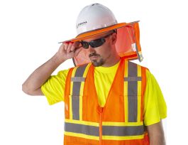 HI-VIS ORANGE FOLDABLE HELMET BRIM WITH ORANGE MESH NECK SHADE, TWO-TONE REFLECTIVE TAPE, ATTACHED STORAGE POUCH