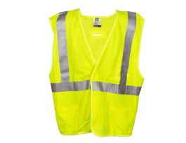 COR-BRITE® TYPE R, CLASS II, FR MODACRYLIC LIME MESH VEST, 6.1 OZ. MODACRYLIC/COTTON MESH, HOOK & LOOP CLOSURE, 2-INCH SILVER REFLECTIVE TAPE, INSIDE LOWER POCKET & INSIDE CHEST POCKET, OUTSIDE LOWER POCKET, D-RING ACCESS