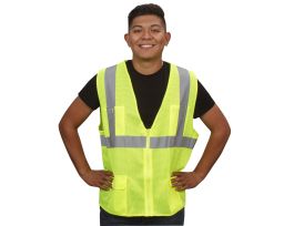 COR-BRITE®, TYPE R, CLASS II, LIME MESH SURVEYORS VEST, ZIPPER CLOSURE, 2-INCH SILVER REFLECTIVE STRIPES, CHEST POCKET, TWO OUTSIDE LOWER AND TWO INSIDE LOWER POCKETS