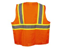 COR-BRITE®, TYPE R, CLASS II, ORANGE MESH SURVEYORS VEST, ZIPPER CLOSURE, TWO-TONE CONTRASTING REFLECTIVE TAPE, POCKETS: TWO OUTSIDE CHEST, TWO OUTSIDE LOWER, TWO INSIDE LOWER, MIC TABS