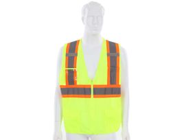 COR-BRITE®, TYPE R, CLASS II, LIME MESH SURVEYORS VEST, ZIPPER CLOSURE, TWO-TONE CONTRASTING REFLECTIVE TAPE, POCKETS: TWO OUTSIDE CHEST, TWO OUTSIDE LOWER, TWO INSIDE LOWER, MIC TABS