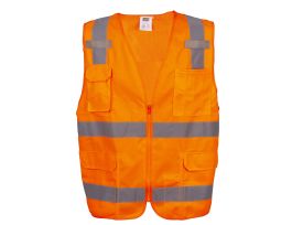 COR-BRITE®, TYPE R, CLASS II, ORANGE SURVEYORS VEST, SOLID FRONT AND MESH BACK, 2-INCH SILVER REFLECTIVE STRIPES, ZIPPER CLOSURE, MULTIPLE POCKETS FOR PAD/PEN, RADIO/PHONE, FLASHLIGHT, DUAL MIC TABS