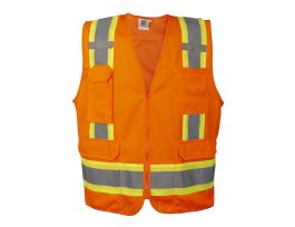 COR-BRITE®, TYPE R, CLASS II, ORANGE SURVEYORS VEST, SOLID FRONT AND MESH BACK, TWO-TONE CONTRASTING TRIM/REFLECTIVE STRIPES, ZIPPER CLOSURE, MULTIPLE POCKETS FOR PAD/PEN, RADIO/PHONE, FLASHLIGHT, DUAL MIC TABS