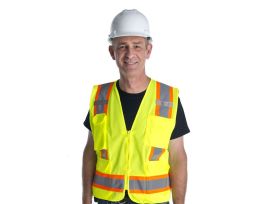 COR-BRITE®, TYPE R, CLASS II, LIME SURVEYORS VEST, SOLID FRONT AND MESH BACK, TWO-TONE CONTRASTING TRIM/REFLECTIVE STRIPES, ZIPPER CLOSURE, MULTIPLE POCKETS FOR PAD/PEN, RADIO/PHONE, FLASHLIGHT, DUAL MIC TABS