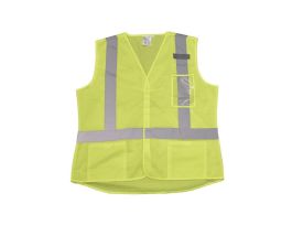 COR-BRITE®, TYPE R, CLASS II, LADIES LIME MESH VEST, TAPERED DESIGN, HOOK & LOOP CLOSURE, TWO OUTSIDE LOWER POCKETS, ID HOLDER, 2-INCH SILVER REFLECTIVE TAPE