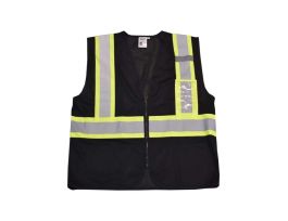 COR-BRITE®, NON-RATED, BLACK MESH VEST, ZIPPER CLOSURE, TWO OUTSIDE LOWER POCKETS, ONE MIC TAB, ID HOLDER, TWO-TONE REFLECTIVE TAPE