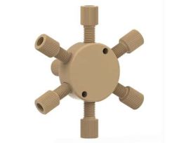 Low-Pressure Manifold Assembly, Natural PEEK, 7 Port, 0.040" Bore, 1/16" OD Tubing, 1/4-28 Flat Bottom; 1/EA