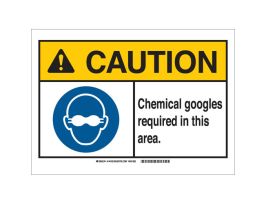 CAUTION Chemical Goggles Required In This Area. Sign, 10" H x 14" W x 0.035" D, Aluminum