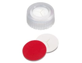 Short Thread Cap, 9 mm, Open Transparent Polypropylene, Y Pre-Slit Silicone/Red PTFE Septa; 1000/pk