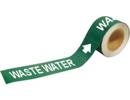 Self-Adhesive Pipe Marker: WASTE WATER, 1" H x 8" W, Roll of 25 Each, Fits Pipes 1.5" Dia. Thru 2" Dia.