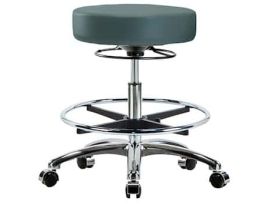 Ergonomic Stool, Vinyl, Bench Height, Blue, Chrome Casters, Chrome Foot Ring