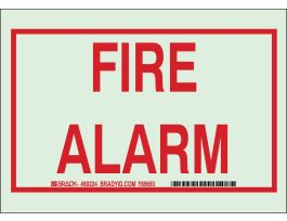 BradyGlo Fire Alarm Sign, 5" H x 7" W x 0.008" D, Red on Glow, Polyester