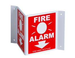 V Fire Alarm Sign, 5.5" H x 10" W x 0.1" D, White on Red, Plastic