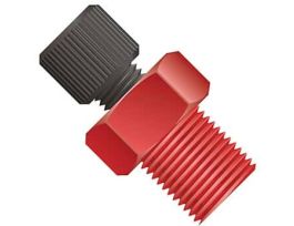 Threaded Adapter with Fitting, Red PEEK, 1/16" ID, 1/4-28 Flat Bottom (F) to 1/8" NPT(M)
