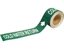 Self-Adhesive Pipe Marker: COLD WATER RETURN, 1" H x 8" W, Roll of 25 Each, Fits Pipes 1.5" Dia. Thru 2" Dia.