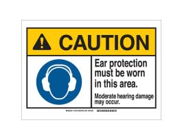 CAUTION Ear Protection Must Be Worn In This Area. Moderate Hearing Damage May Occur. Sign, 10" H x 14" W x 0.035" D, Aluminum