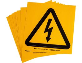 Warning Label w/Electric Voltage Pictogram, Vinyl, Black on Yellow, 8" H x 8" W