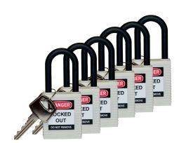 Standard Key Retaining Lockout Nylon Padlock 1.5 in Nylon Shackle KA White 6PK