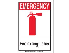 EMERGENCY Fire Extinguisher Sign, 14" H x 10" W x 0.035" D, Black/Red/White, Aluminum