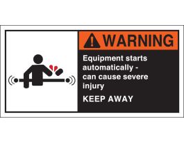 EQUIPMENT STARTS AUTOMATICALLY - CAN CAUSE SEVERE Labels, 2.5" H x 5" W x 0.006" D, Black/Orange/Red on White