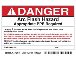Arc Flash Labels, Class 2: Non-Flammable, Flammable Gases - Adhesive Vinyl, 4" H x 6" W x 0.004" D, Pack of 5 Labels, Black/Red on White