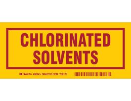 CHLORINATED SOLVENTS Labels, 3" H x 7" W x 0.006" D, Red on Yellow