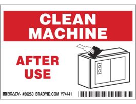 CLEAN MACHINE AFTER USE Labels, 3.5" H x 5" W x 0.006" D, Black/Red on White