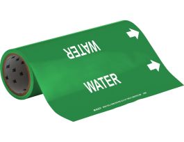 Roll Form Pipe Marker: WATER, 30' H x 12" W x 30' L, Roll of 30', Fits Pipes, 2.5" Dia. Thru 6" Dia.