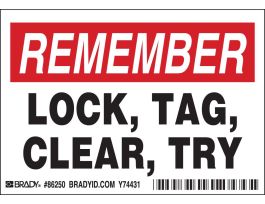 REMEMBER LOCK, TAG, CLEAR, TRY Labels, 3.5" H x 5" W x 0.006" D, Black/Red on White