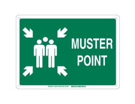Muster Point Sign, 18" H x 24" W x 0.06" D, Green on White, Polystyrene, Pictogram w/Arrows and Text