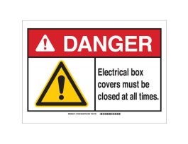 DANGER Electrical Box Covers Must Be Closed At All Times. Sign, 10" H x 14" W x 0.035" D, Aluminum