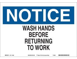 NOTICE Wash Hands Before Returning To Work Sign, 7" H x 10" W x 0.055" D, Polypropylene