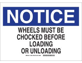 NOTICE Wheels Must Be Chocked Before Loading and Unloading Sign, 0.1" D, Fiberglass