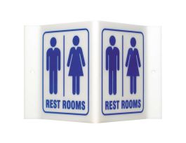 Restrooms Sign, 6" H x 9" W x 4" D, Acrylic, Blue on White